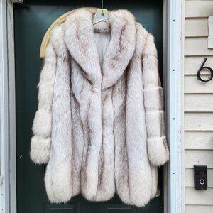 Womens Blue Fox Fur Jacket XL - Coat, Striped Sleeves